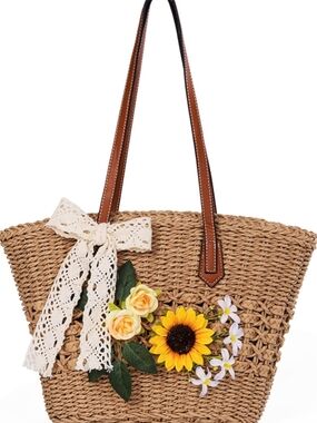 Straw Sunflower Tote Bag with Lace Bow - Natural Brown